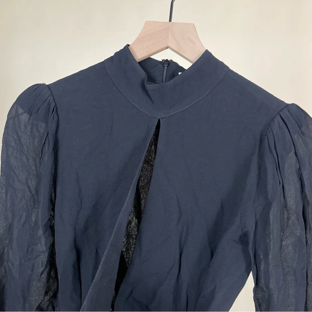NWT Reformation Otessa Keyhole Front Tie Long Sleeve Mini Dress Black Witchy